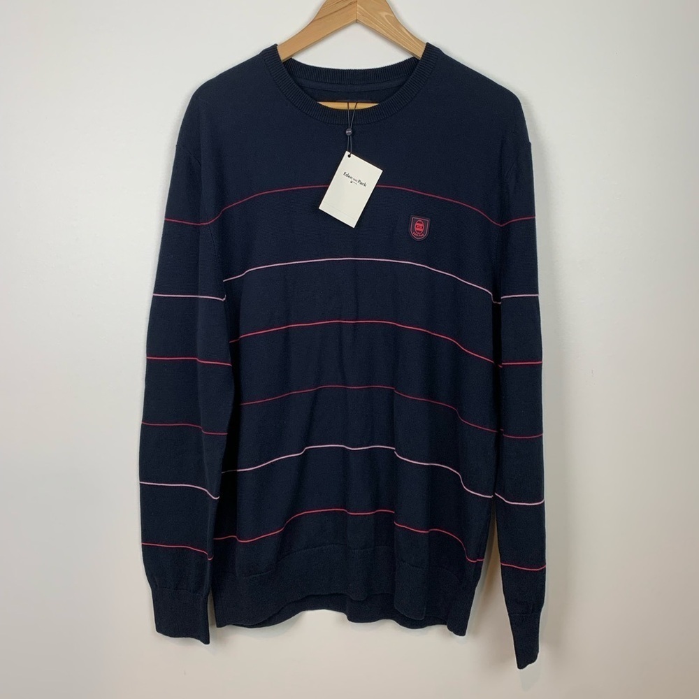NWT Eden Park Sweater Men’s Navy Blue Size XL Logo Pink Stripes Preppy Crewneck